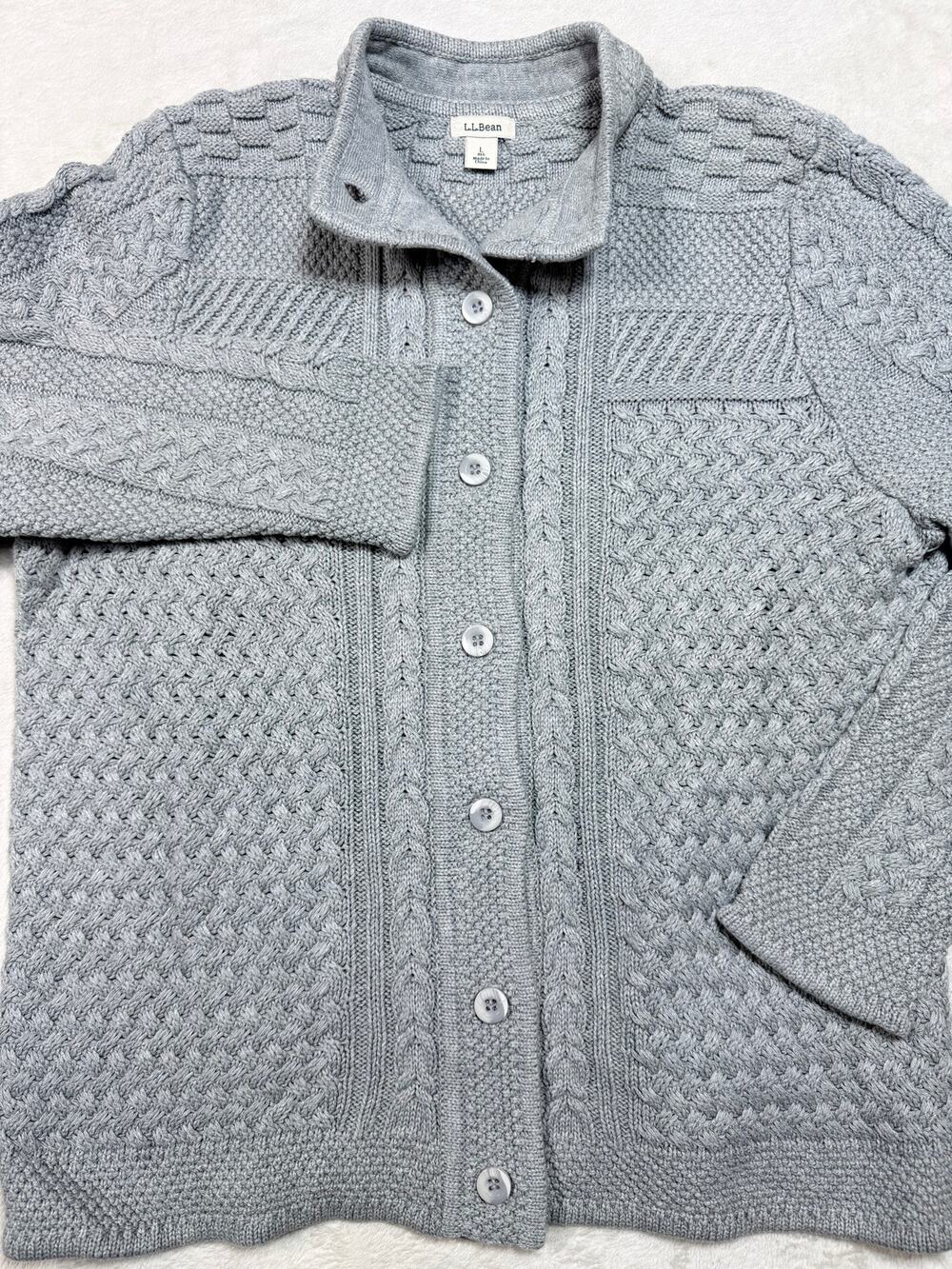 LL Bean Cotton Fisherman Cardigan Sweater Grey Cable Knit Cabincore Womens Sz Lg